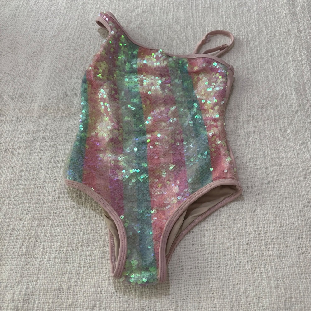 Shade Critters Girls Pink Sequin Rainbow Stripe One Shoulder Swimsuit Size 6